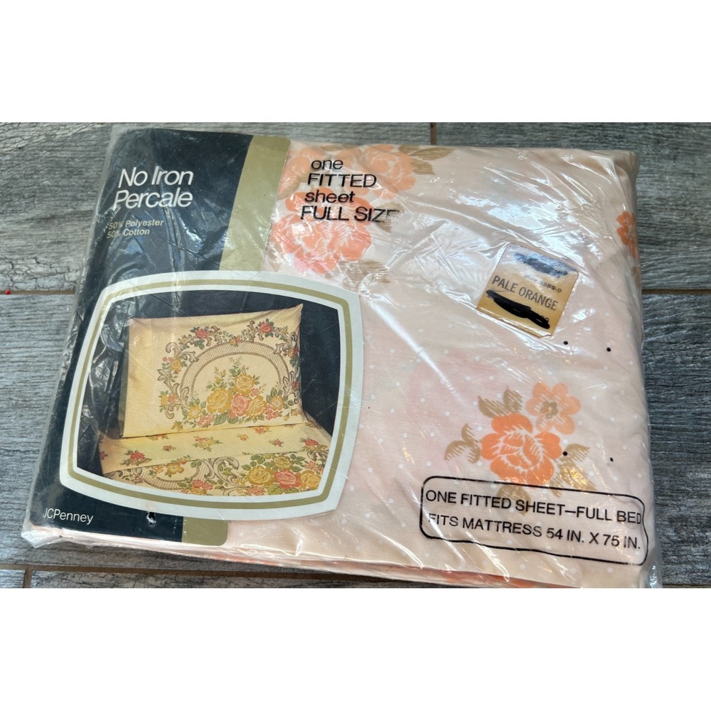 JCPenney Full Size Fitted Sheet Floral Pale Orange No Iron Percale New Vintage